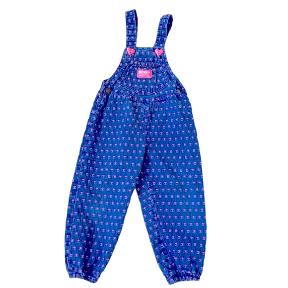VINTAGE OSHKOSH BGOSH Overalls Girls Floral Chambray Jumper Romper Pants Blue